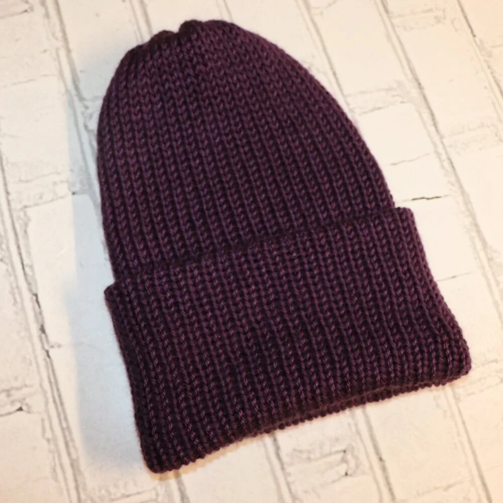 💜 Dark Purple Satin Knitted Beanie – Handmade · Women’s Medium